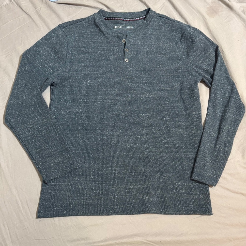 BKE Mens Henley Shirt Long Sleeve Gray Marl Ribbed Knit Casual Top Large